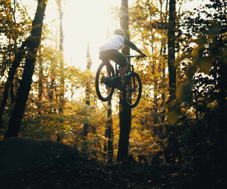 Mountain biker in backlight – Sports & sport Film Production Mountain biker jumping through the forest with spectacular light in sport Film Production